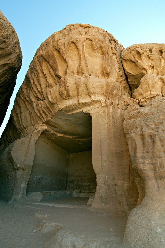 The Qasr al Bint, “Palace of the Daughter or Maiden,” is the largest tomb façade at Hegra, with a height of 16 m.