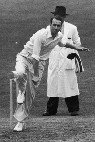 Hugh Tayfield of South Africa bowls against Surrey at The Oval, London, 18th July 1955