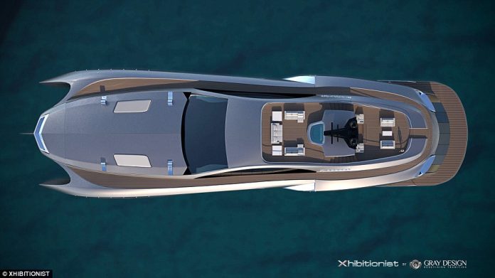 Solar panels fold out from under a sleek car-bonnet-like deck to power the ship