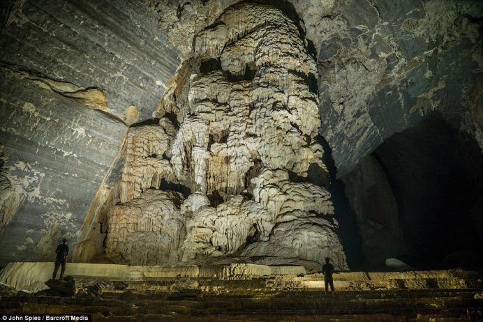 Hidden secrets Massive formations abound in a newly discovered fossil section of the cave, 50 metres above the river level. This is one of several higher passages that lead to jungle s