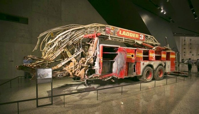 The remnant of a firetruck that was damaged in the September 11 attacks