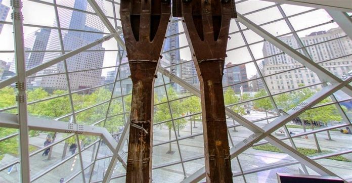 Tridents that once formed part of the exterior structural support of 1 World Trade Center.