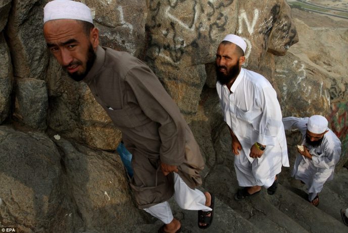 Muslim pilgrims arrive at the Hira cave near the top of Noor mountain, known in Arabic as Jabal-al-noor