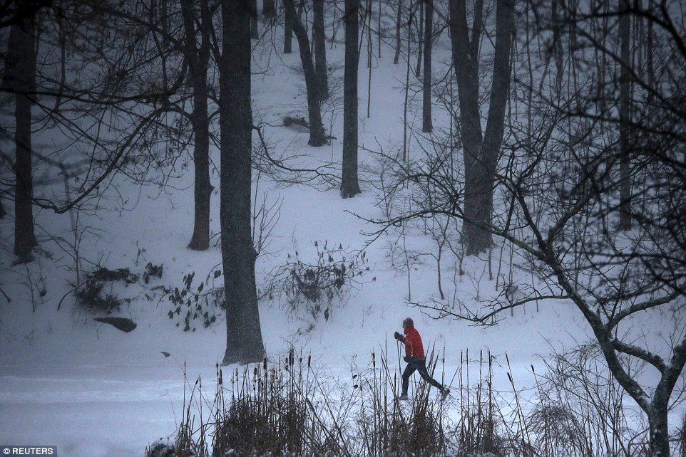 A resident skies through a park during a snow storm in Old Greenwich, Connecticut, on Saturday