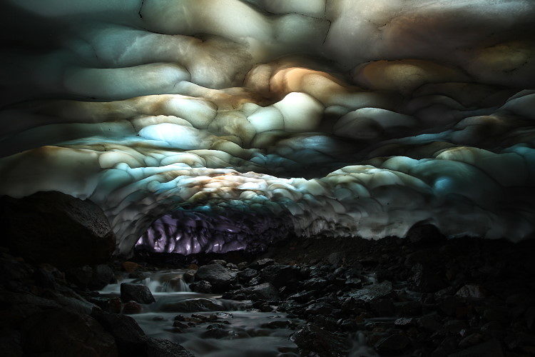 The photo above shows a surreal-looking ice cave on the Kamchatka Peninsula of Russia. Photographer Marc Szeglat