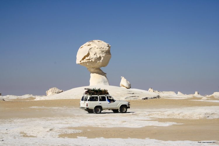The magnificent snow-white desert is actually made of chalk that has been exposed for years to what geologists call "differential weathering,