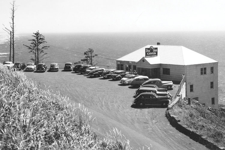 This photo was taken in the late 1940s and the Sea Lion Caves still remains a popular roadside Oregon Coast attraction today.