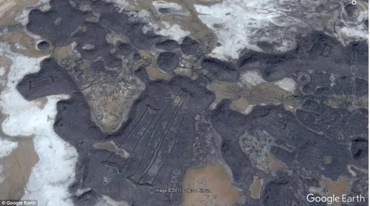 The strange cluster of gates (pictured) 'appear to be the oldest man-made structures in the landscape' and some are up to 1,700 feet long and built across old lava domes.