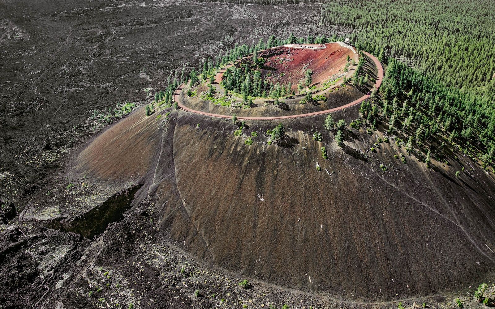 There is a 500 feet tall Cinder Cone Lave Butte in central Oregon between the towns of Bend Oregon and Sunrivr Oregon.