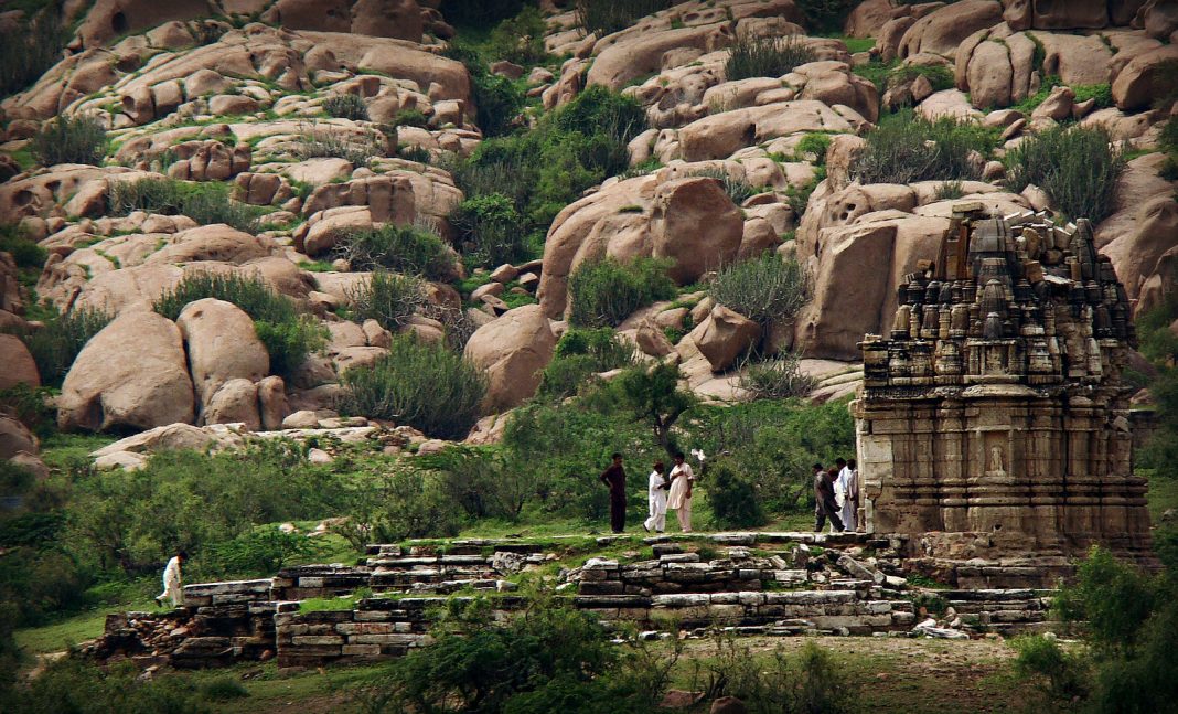 The Bhodesar Temple is at the base of the Karoonjhar Mountains.