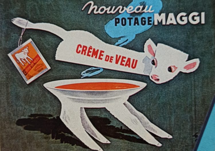 A 1956 poster for veal soup, freeze-dried by the Swiss food Manufacture Maggi. A 1956 poster for veal soup, freeze-dried by the Swiss food Manufacture Maggi.